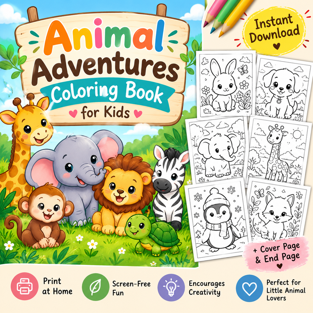 New 2026 Animal Adventures Coloring Book for Kids | Printable Animal Coloring Pages PDF