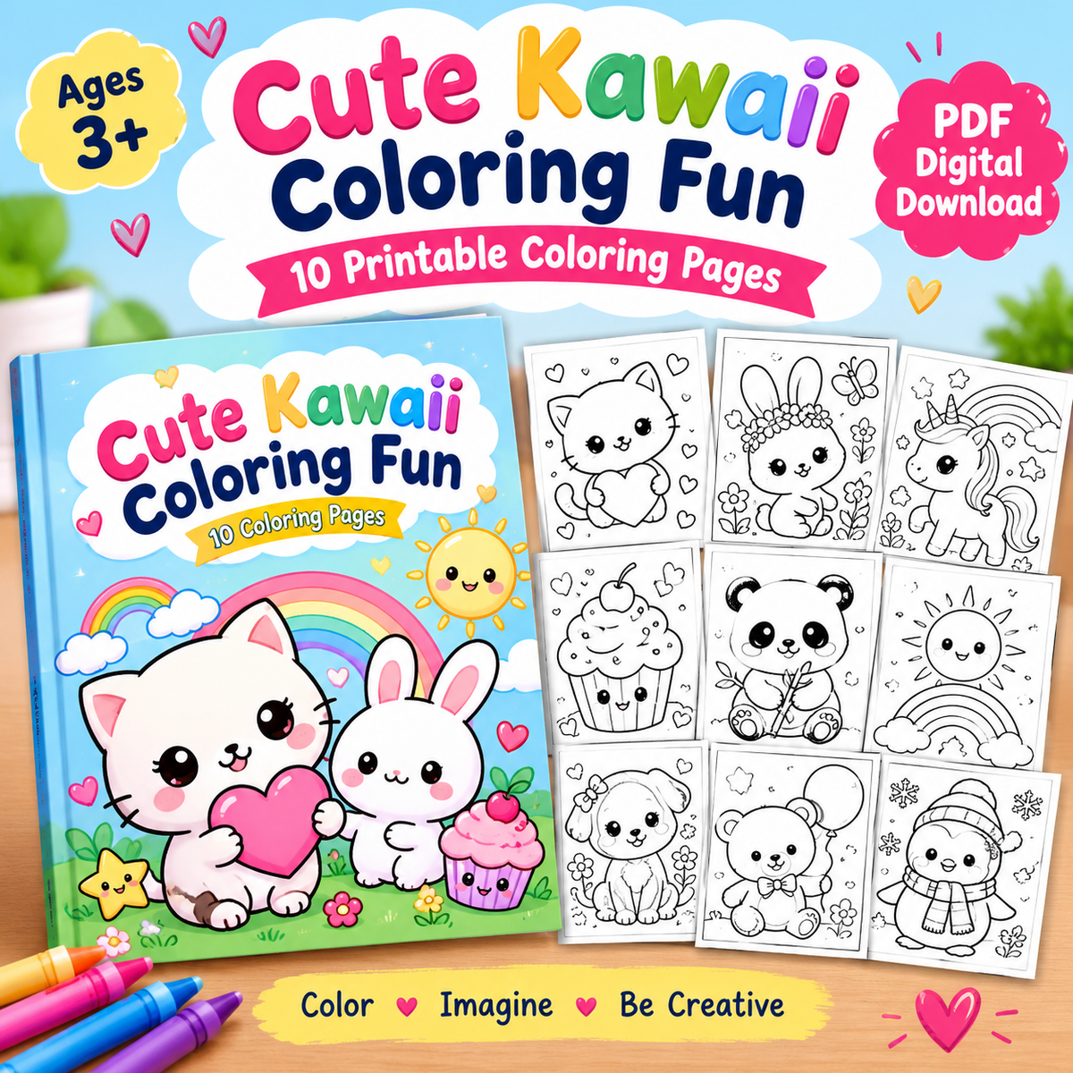 Cute Kawaii Coloring Book for Kids – Adorable Animals, Unicorns, Cupcakes & Sunshine | Printable PDF Coloring Pages