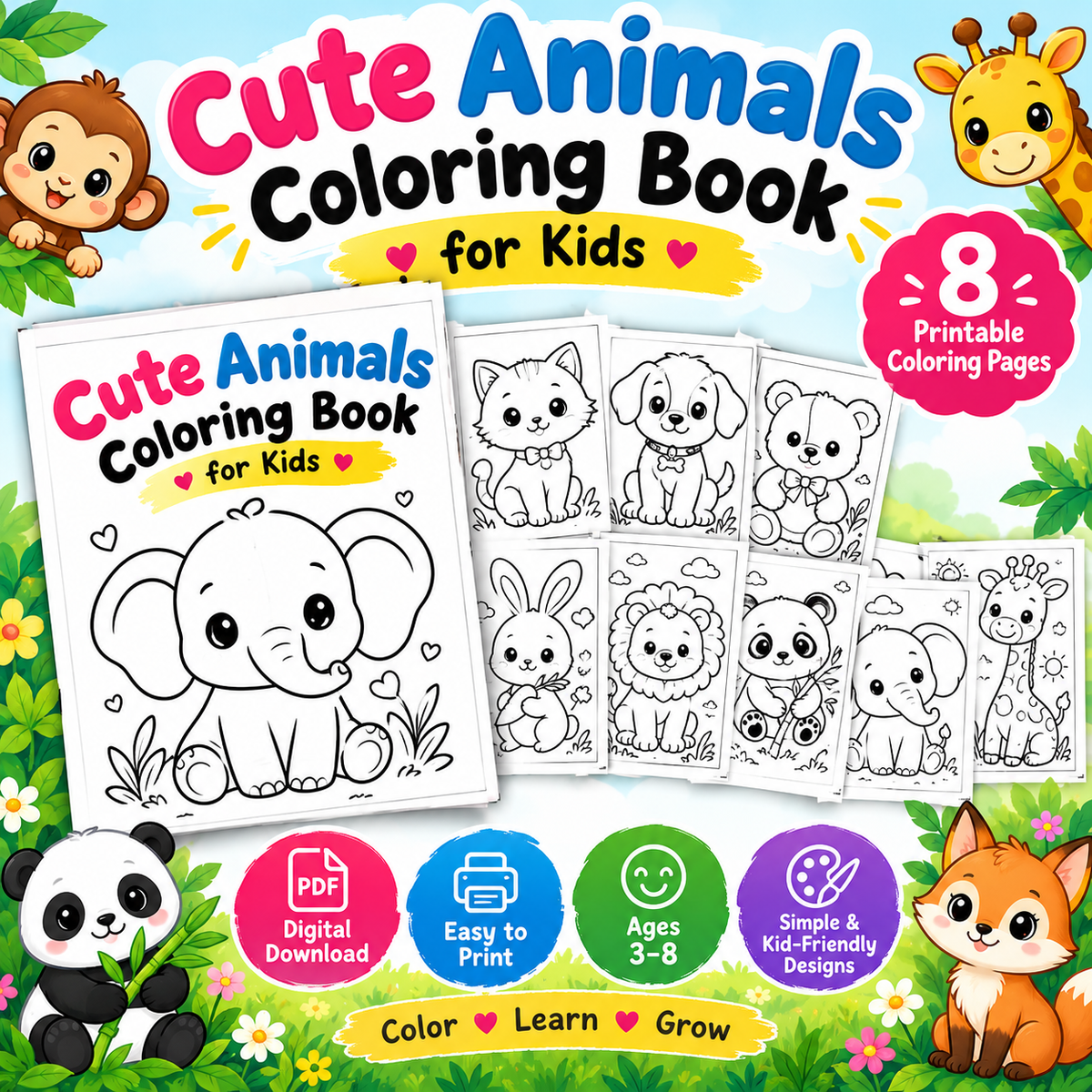 Cute Animals Coloring Book for Kids | 8 Printable Animal Coloring Pages PDF