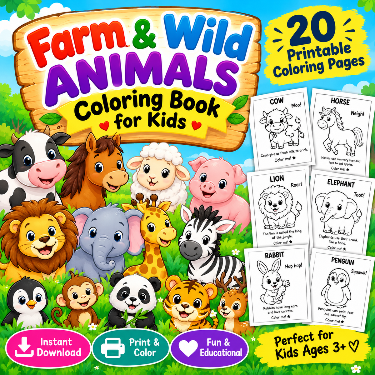 Animals Coloring Book for Kids | Farm & Wild Animal Coloring Pages | Printable PDF