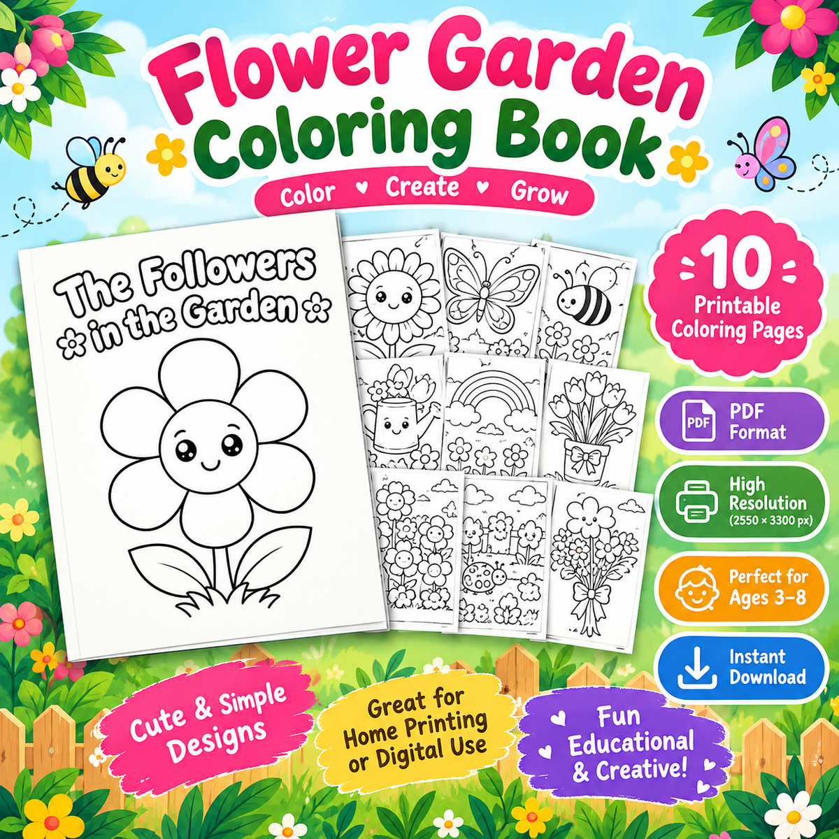 🌸 New 2026 Flowers in the Garden – Kids Coloring Book | Printable Flower Coloring Pages