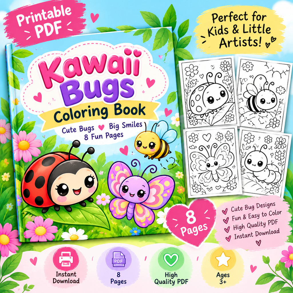 New 2026 Cute Kawaii Bugs & Garden Friends Coloring Book for Kids | 10 Printable Coloring Pages | Ages 3–8
