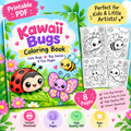 New 2026 Cute Kawaii Bugs & Garden Friends Coloring Book for Kids | 10 Printable Coloring Pages | Ages 3–8