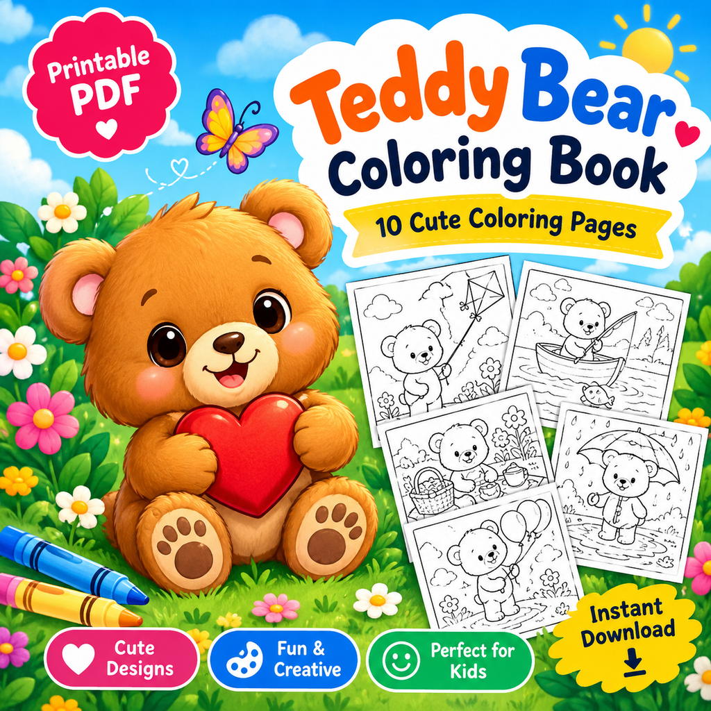 Cute Teddy Bear with Balloons Coloring Page for Kids | Printable PDF | Digital Download